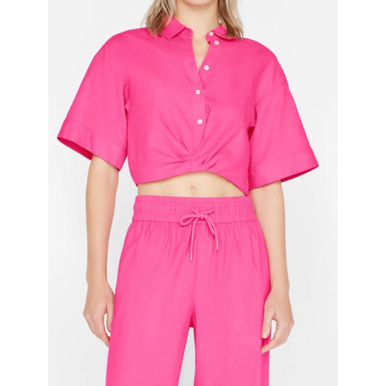 Nwot Frame Flamingo Twisted Linen-Blend Button Down Cropped Top Size Large